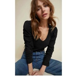 NATION LTD Women's Elizabeth Long Puff Sleeve Slub T-shirt Womens Sz Large Black